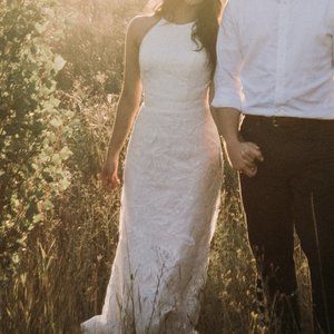 Sequin Leaf-Applique High Neck Sheath Wedding Gown
